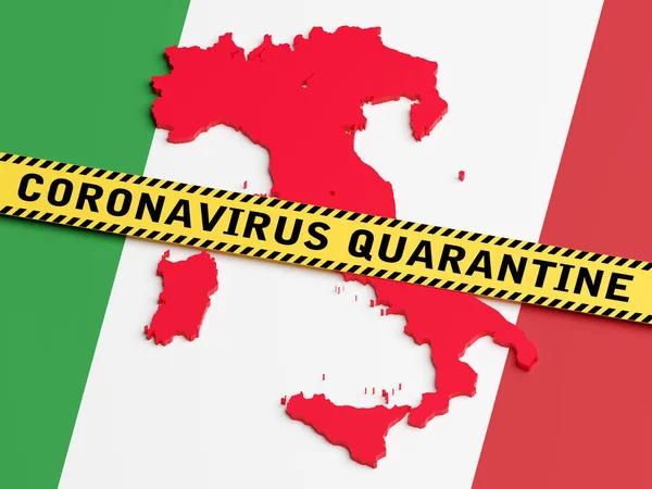 Coronavirus Texto Cuarentena Sobre Cinta Amarilla Sobre Bandera Roja Italia —  Fotos de Stock