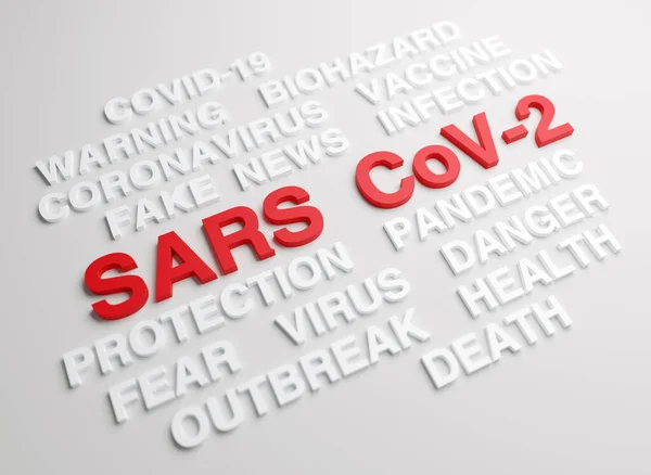 Sars Cov 텍스트는 주제와 관련된 렌더링 시리즈로 둘러싸여 있습니다 — 스톡 사진