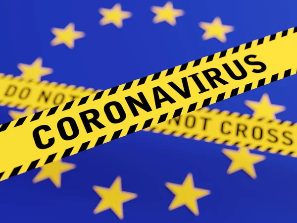 Messaggio Coronavirus Sul Nastro Giallo Sulla Bandiera Dell Unione Europea — Foto Stock