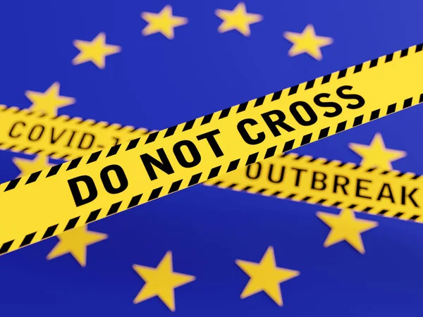 Μην Διασχίσετε Μήνυμα Κίτρινη Κορδέλα Πάνω Από Σημαία Της Ευρωπαϊκής — Φωτογραφία Αρχείου
