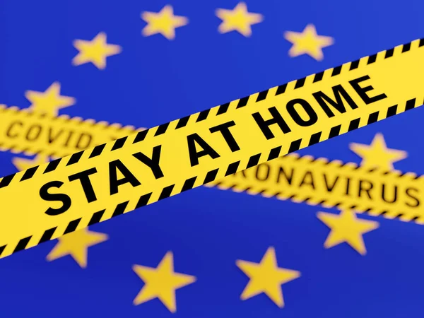 Stay Home Warning Message Yellow Tape European Union Flag Rendered — Stock Photo, Image