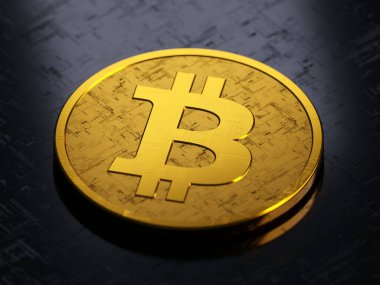 Bitcoin, altın metalik fütüristik kabartma dokusu 3D, alan derinliği odaklı.