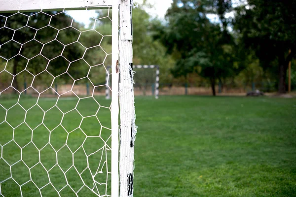 Yeşil çim ve bulanık stadyum üzerinde futbol futbol net arka plan. Maç gününde stadyumda futbol gol arka plan — Stok fotoğraf