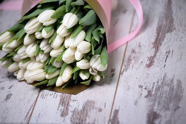 white tulips on white wooden background