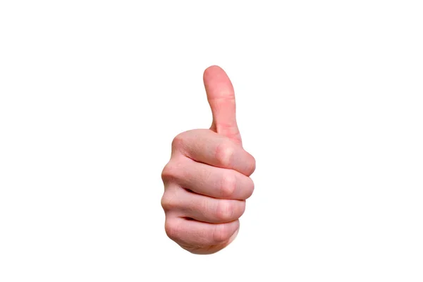 Closeup of male hand showing thumbs up sign against white background — Stock Photo, Image