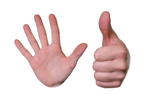 Händer med symbolen stopp och tummen upp — Stockfoto
