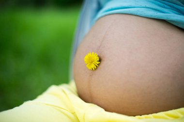 Yeşil bahar arka plan karşı genç hamile kadının güzel göbek