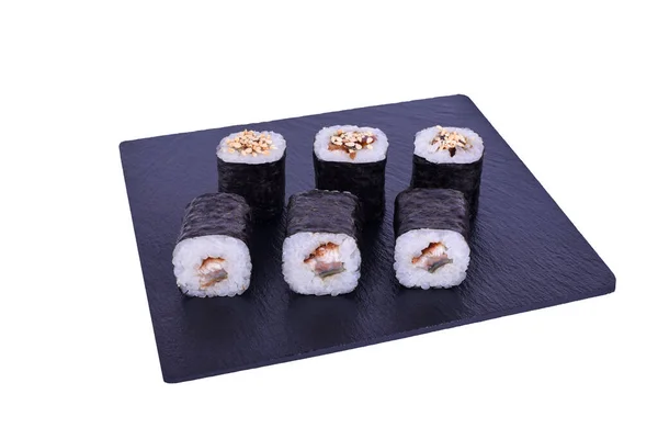 Traditionele Verse Japanse Sushi Maki Zwarte Steen Maki Unagi Een — Stockfoto