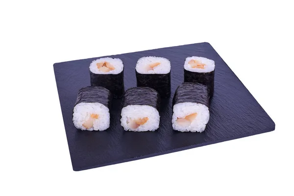 Maki Japonês Fresco Tradicional Sushi Pedra Preta Maki Escolar Fundo — Fotografia de Stock