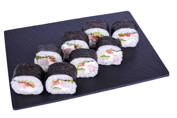 Tradiční Čerstvé Japonské Sushi Futomaki Černém Kameni Futomaki Krab Bílém — Stock fotografie