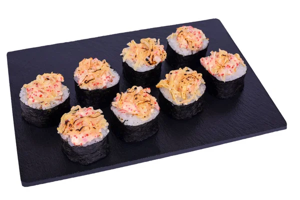 Tradiční Čerstvé Japonské Sushi Rolky Černém Kameni Kaji Double Syake — Stock fotografie