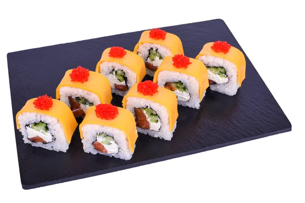 Hagyományos Friss Japán Sushi Tekercs Fekete Syake Sajt Fehér Alapon — Stock Fotó