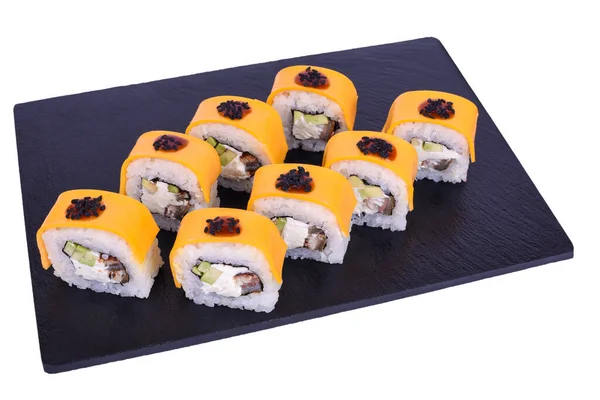 Tradizionali Rotoli Sushi Giapponesi Freschi Pietra Nera Formaggi Unagi Sfondo — Foto Stock