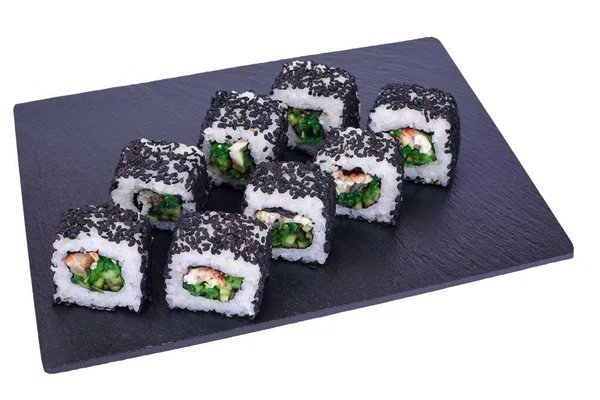 Tradizionale Sushi Giapponese Fresco Rotola Pietra Nera Notte Unagi Uno — Foto Stock