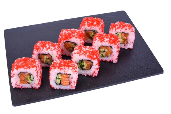 Traditionele Verse Japanse Sushi Broodjes Zwarte Steen California Ebi Een — Stockfoto