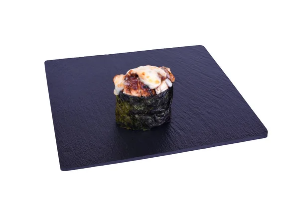 Sushi Giapponese Fresco Tradizionale Pietra Nera Gunkan Kaji Unagi Sfondo — Foto Stock