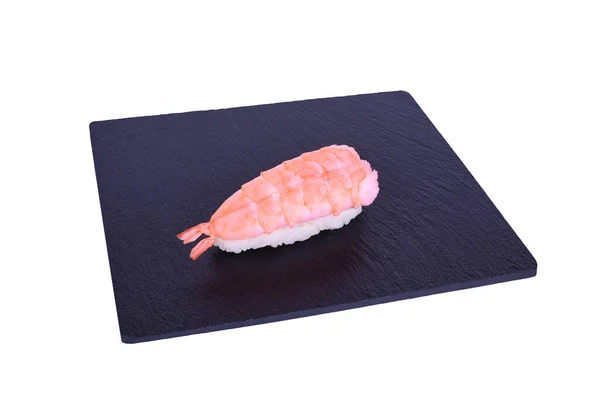 Sushi Japonês Fresco Tradicional Pedra Preta Nigiri Ebi Fundo Branco — Fotografia de Stock