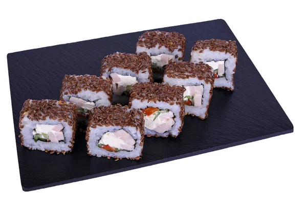 Tradizionale Sushi Giapponese Fresco Rotola Pietra Nera Maguro Sfondo Bianco — Foto Stock