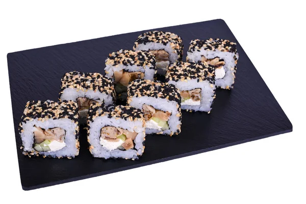 Tradizionali Rotoli Sushi Giapponesi Freschi Pietra Nera Seigun Sfondo Bianco — Foto Stock