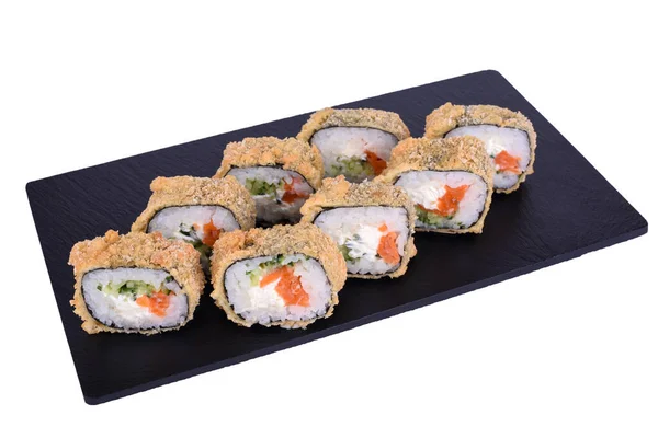Tradiční Čerstvé Japonské Sushi Černém Kameni Teplý Losos Roll Bílém — Stock fotografie