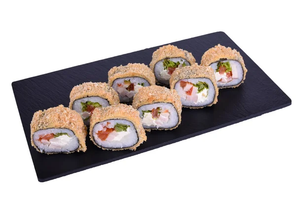 Sushi Giapponese Fresco Tradizionale Pietra Nera Caesar Rotolo Caldo Uno — Foto Stock