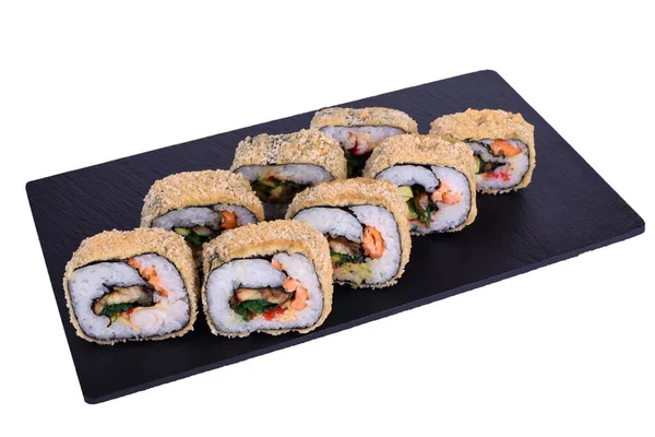 Hagyományos Friss Japán Sushi Fekete Kövön Meleg Yin Yang Roll — Stock Fotó
