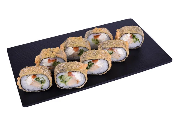 Tradiční Čerstvé Japonské Sushi Černém Kameni Teplý Roll Syake Izumi — Stock fotografie