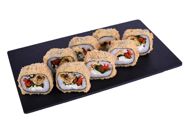 Traditionelles Frisches Japanisches Sushi Auf Schwarzem Stein Warme Muschelrolle Auf — Stockfoto