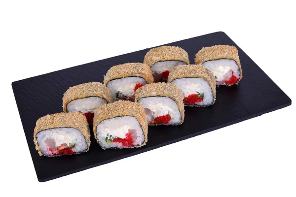 Sushi Japonés Fresco Tradicional Sobre Piedra Negra Warm Roll Escolar — Foto de Stock
