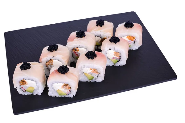 Sushi Giapponese Fresco Tradizionale Rotola Una Pietra Nera Dragon Izumi — Foto Stock