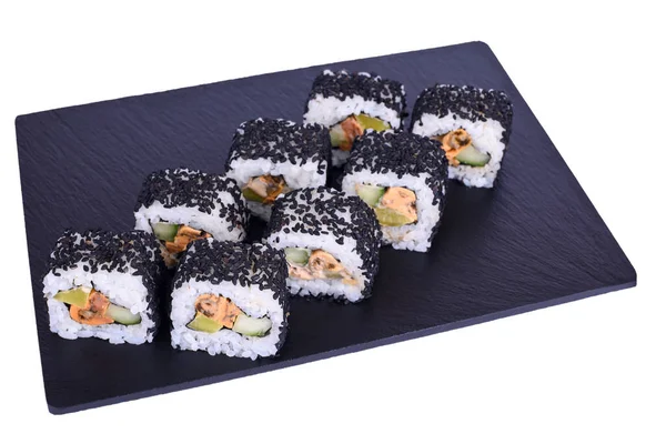 Tradycyjne Świeże Japońskie Sushi Bułki Czarnym Kamieniu Murugai Białym Tle — Zdjęcie stockowe