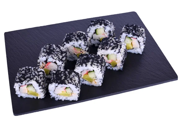 Tradiční Čerstvé Japonské Sushi Rolky Černém Kameni Hokaido Bílém Pozadí — Stock fotografie