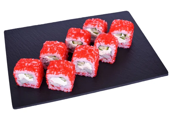 Tradiční Čerstvé Japonské Sushi Rolky Černém Kameni Kalifornie Ebi Bílém — Stock fotografie