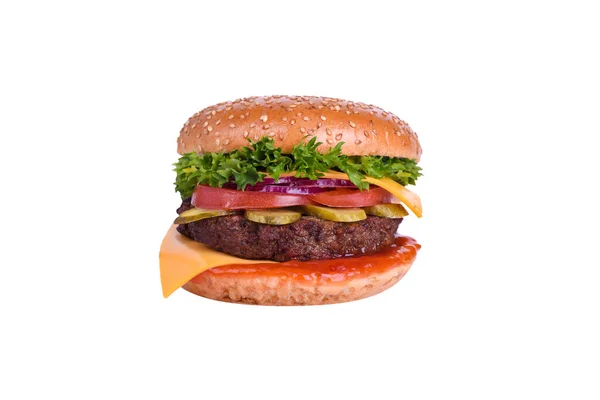 Verse Hamburger Met Varkens Runderkotelet Tomaat Komkommer Gepekelde Uien Cheddar — Stockfoto