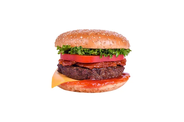 Frischer Burger Mit Schweine Und Rinderschnitzel Cheddar Käse Sonnengetrockneten Tomaten — Stockfoto