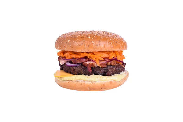 Hamburguesa Fresca Con Chuleta Cerdo Ternera Tocino Queso Cheddar Zanahorias —  Fotos de Stock