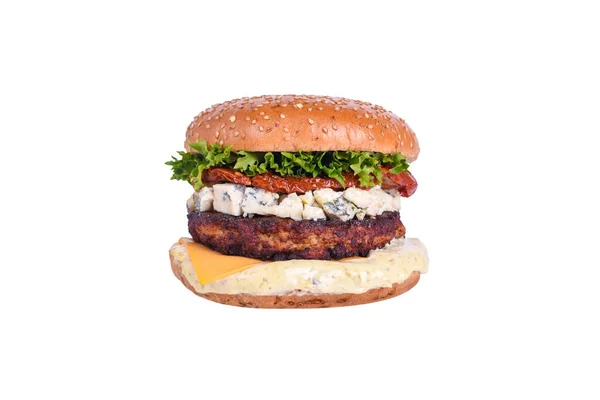 Frischer Burger Mit Hühnerschnitzel Dorblu Käse Sonnengetrockneten Tomaten Cheddar Käse — Stockfoto