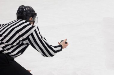 Hockey referee holding a puck in face off position. Back view. W clipart