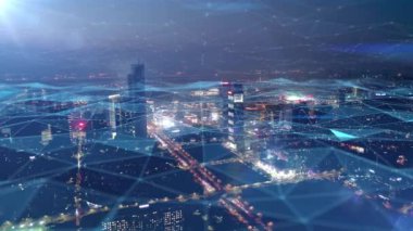 Akıllı Bağlı Şehir silueti. Gelecekçi ağ konsepti, şehir teknolojisi