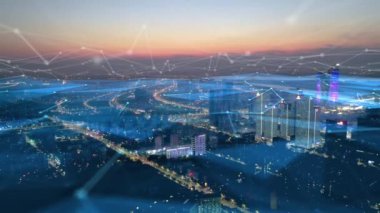 Akıllı Bağlı Şehir silueti. Gelecekçi ağ konsepti, şehir teknolojisi