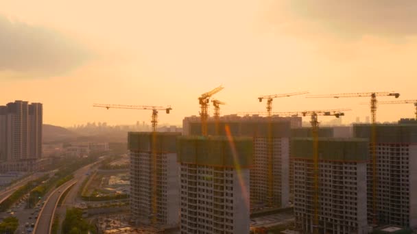 Luchtfoto Van Bouwplaats Bij Zonsondergang — Stockvideo