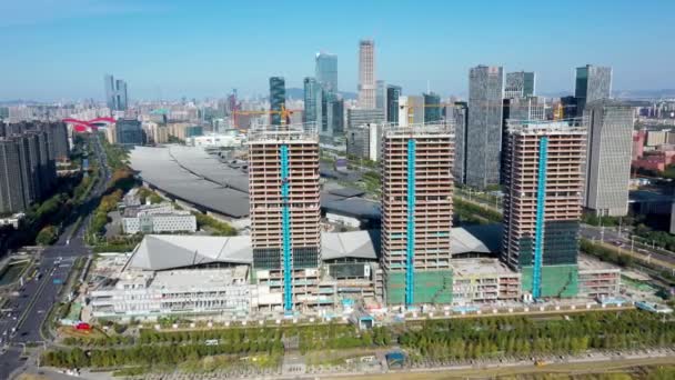 Vista Aérea Del Sitio Construcción Industrial Ocupado — Vídeos de Stock