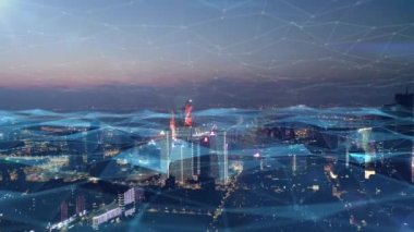 Akıllı Bağlı Şehir silueti. Gelecekçi ağ konsepti, şehir teknolojisi