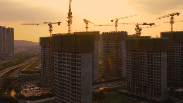 Luchtfoto Van Bouwplaats Bij Zonsondergang — Stockvideo