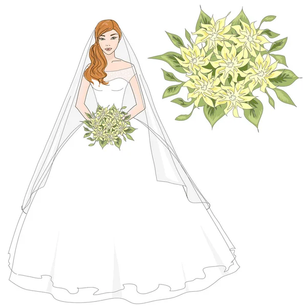 Mariée aux cheveux bruns avec bouquet — Image vectorielle