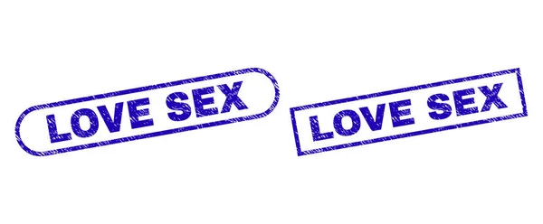 LOVE SEX Blue Rectangle Stamp Seal with Distress Surface — 스톡 벡터