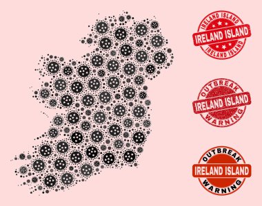 Mozaik İrlanda Ada Haritası ve Grunge Damgaları Virüs Kolajı