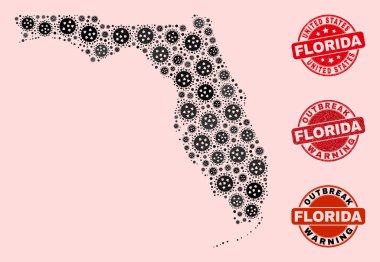 Florida Eyalet Haritası ve Yapılandırılmış Damgalar Mozaik Virüs Kolajı