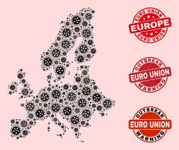 Virus Collage de Mosaïque Euro Union Carte et Timbres du Sceau de détresse — Image vectorielle