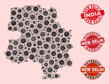 Mozaik Salgın Kolajı Yeni Delhi Şehir Haritası ve Çizilmiş Damgalar